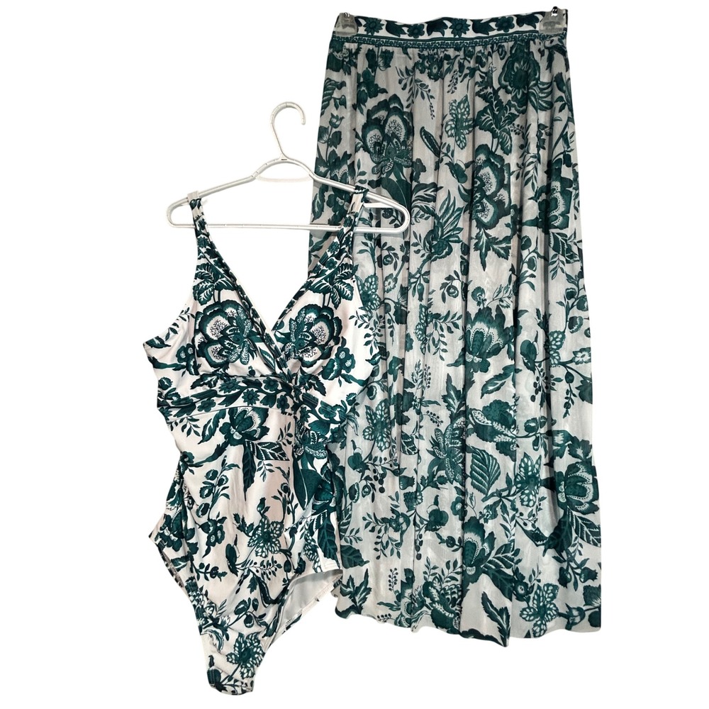 BloomChic Swimsuit Set Size 12 Teal White Floral swimsuit Mesh Maxi Skirt Resort